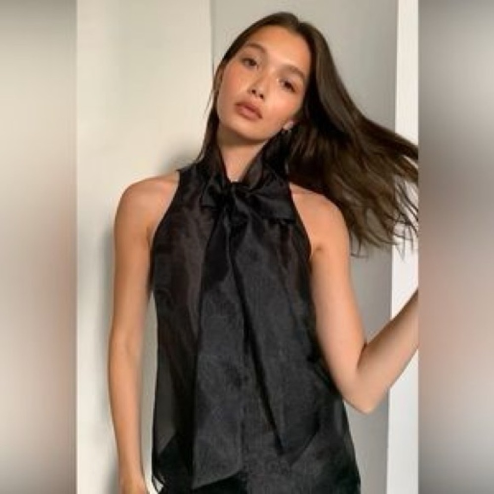 Aritzia Black Satin Halter Tie-Neck Blouse